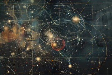 A painting of a galaxy with many stars and a red circle in the middle. The painting is abstract and has a lot of detail