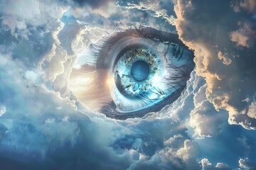 A blue eye is shown in the sky with clouds. The eye is looking up at the sky, as if it is curious about the world around it