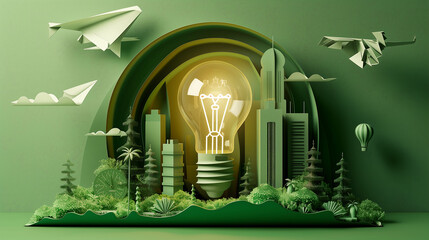 Fototapeta na wymiar Future of Sustainability: Nature-Inspired Urban Energy Concept with Paper Light Bulb