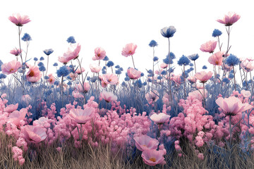 A field of pink poppies and wildflower isolated on transparent background