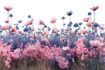 A field of pink poppies and wildflower isolated on transparent background