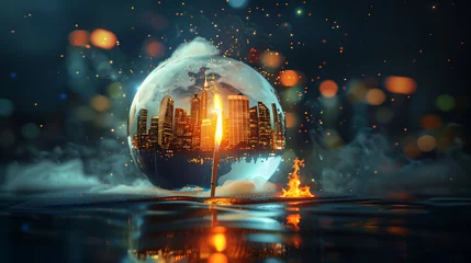Fotobehang Financial Apocalypse: Earth Globe Engulfed in Flames - Global Warming Concept © Dino