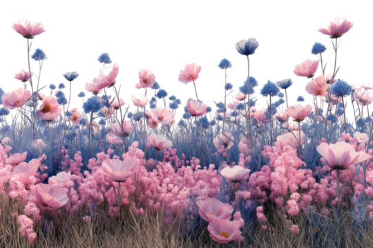 A field of pink poppies and wildflower isolated on transparent background