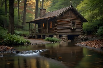 Obraz premium A rustic cabin in the woods, with a babbling brook nearby and a canopy of trees overhead. The air is crisp and the leaves are starting to change colors.