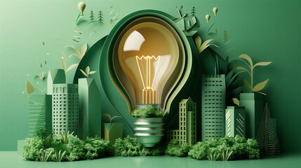 Fototapeta na wymiar Eco-Friendly Urban Future: Paper Cut Light Bulb Illuminating Green Cityscape