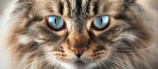 A mesmerizing cat with captivating blue eyes is gazing directly into the camera lens - obrazy, fototapety, plakaty
