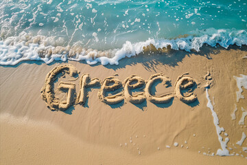 Greece written in the sand on a beach. Greek tourism and vacation background