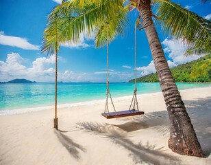 Tropical beach panorama as summer relax landscape with beach swing or hammock hang on palm tree...