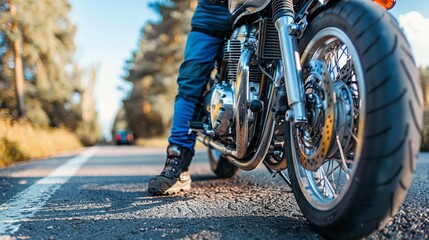 Naklejka premium Mastering Basic Home Maintenance Skills during Motorcycle or Bicycle Tours, roadside repairs in soft background