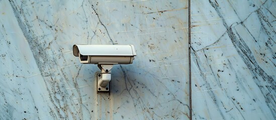 Surveillance camera is fixed on the side of a tall urban building, overlooking the street below