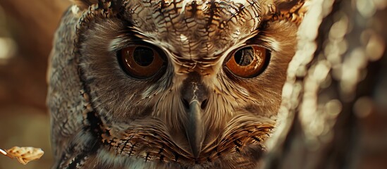 A detailed view showcasing a magnificent owl with a remarkably large eye, capturing the intricate details of its features - obrazy, fototapety, plakaty