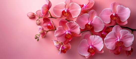 Naklejka na ściany i meble Vibrant pink orchid flowers displayed against a soft pink backdrop, creating a delicate and elegant setting