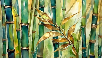 Bamboo forest where each stalk is rendered in polished gold, and the leaves are delicate sheets of...