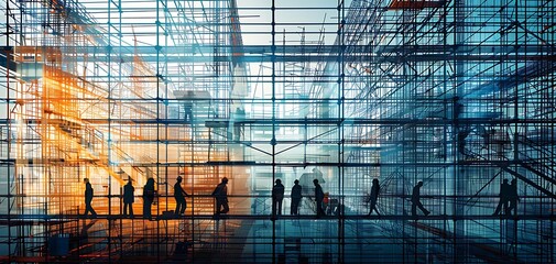 Witness the meticulous coordination and teamwork at a construction site, as skilled workers labor amidst a backdrop of scaffolding and machinery, each movement contributing to the realization of archi - obrazy, fototapety, plakaty