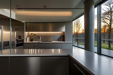 A sleek and modern kitchen with clean lines and stainless steel appliances, illuminated by natural light pouring in through large windows, creating a bright and airy atmosphere.