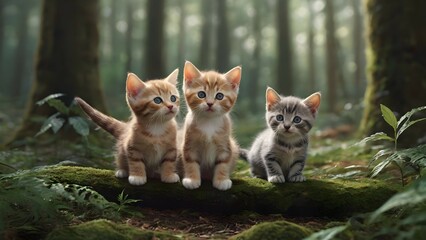 The adorable illustration of kittens playing in the forest Generative Ai
