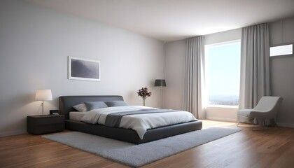 White modern hotel bedroom interior with bed, drawer with decoration and plant on hardwood floor. Relaxing space with panoramic window on tropics. 3D rendering