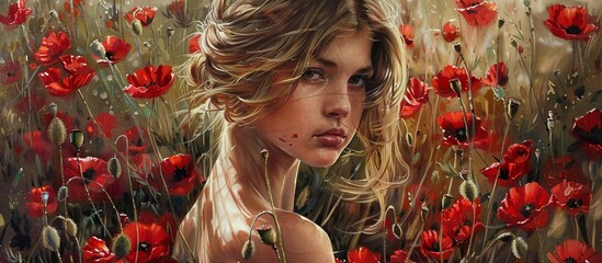 In a vibrant field of scarlet blossoms, a lady with flowing hair is surrounded by the captivating beauty of nature - obrazy, fototapety, plakaty