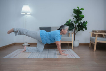 Asian elderly woman exercising at home By doing yoga, physical therapy for retired people and health care concept.