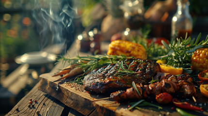 Grilled food with herbs and complementary vegetables on a rustic wooden table






