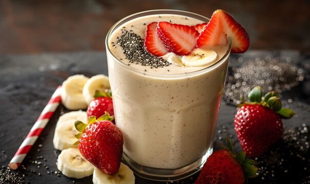 Vibrant Vanilla Smoothie with Fresh Strawberries,Almond Milk,and Chia Seeds - Healthy Lifestyle Image
