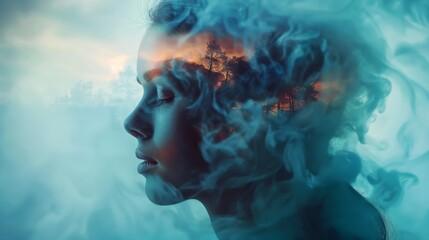 Mental Health Disorder Concept. Exhausted Depressed Female touching Forehead. Stressed Woman Silhouette photo combined with Watercolor. Depression Psychology inside her Head
