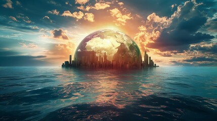 The image of the Earth is submerged, the sea, the concept of disaster, flood and water treatment. prevent global