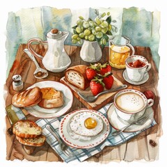 Watercolor illustration of a cozy morning table setting, traditional English breakfast items, perfect for wall art