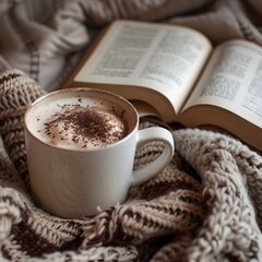 Cozy Winter Moments with Warm Cocoa and an Open Book by a Knitted Blanket