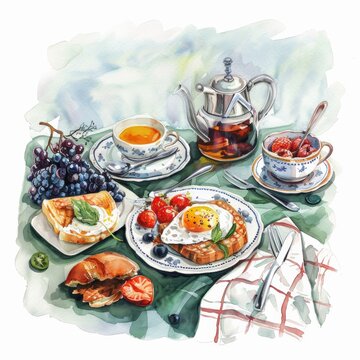 Watercolor illustration of a cozy morning table setting, traditional English breakfast items, perfect for wall art