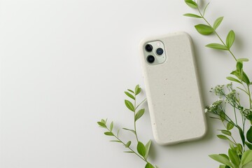 Eco-Friendly Phone Case with Green Leaves on White Backdrop