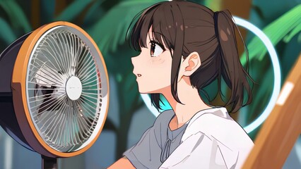 Girl enjoying cooling experience of sitting by a electric fan.summer.｜扇風機のそばに座って涼しさを楽しむ女の子。夏の風景