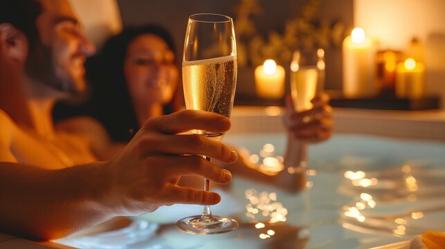 young couple enjoying a romantic spa experience. candle lighting. With glasses of champagne in hand, they toast to their happiness, enveloped in the soothing ambiance. generative AI