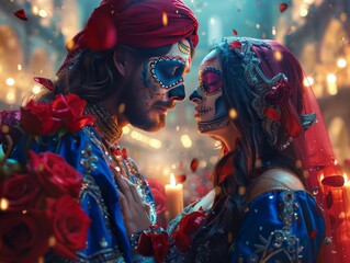  dressed in Day of the Dead attire, their faces painted as sugar skulls, sharing a moment at a candlelit altar