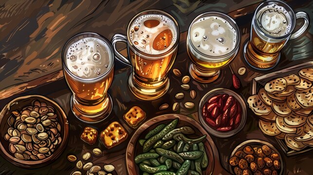 Detailed depiction of a craft beer tasting with a variety of brews and snacks
