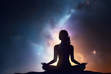 Meditation woman silhouette with galaxy universe. Spirit life zen concept. Dreamer beauty, science and people concept - woman profile with space Generative AI