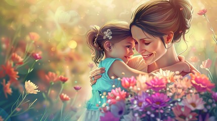 Attractive portrait of smiling mother hugging little daughter with bouquet of flowers