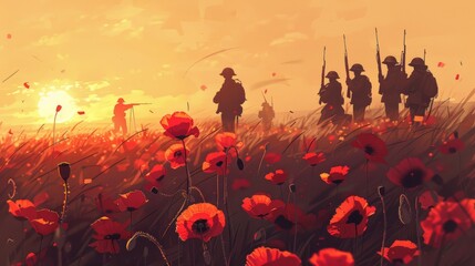 ANZAC, Remembrance Day Celebration.A field of red poppies blooming in the foreground, with the silhouettes of soldiers in a distant battlefield against a muted sunset 