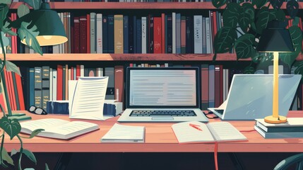 Detailed illustration of a student's desk with open textbooks and a laptop