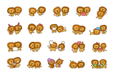 Funny couple of lion cartoon characters. Cute kawaii animal friends. Hand style. Vector drawing. Collection of design elements.