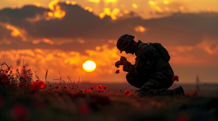 ANZAC, Remembrance Day Celebration.A lone soldier kneeling with their head bowed, holding a single red poppy against a backdrop of dawn light