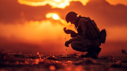 ANZAC, Remembrance Day Celebration.A lone soldier kneeling with their head bowed, holding a single red poppy against a backdrop of dawn light - obrazy, fototapety, plakaty