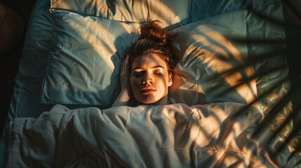 A person climbs out of bed with a determined look, ready to start their day.  - obrazy, fototapety, plakaty