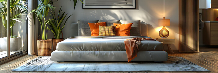 Studio shot of scandinavian style modern bed room, with large sofa