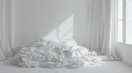 A simple, white bedroom with a person waking up in a messy bed, emphasizing clean lines and a...