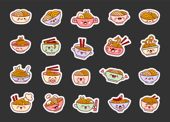 Cute kawaii bowl of noodles. Sticker Bookmark. Ramen food cartoon character. Hand drawn style. Vector drawing. Collection of design elements.