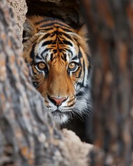 Close up view of a Siberian tiger hiding behind a tree.