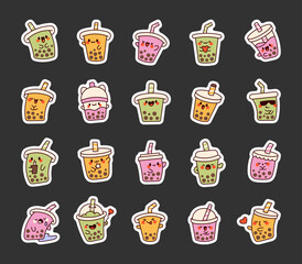 Cute kawaii bubble tea. Sticker Bookmark. Milk cocktail with tapioca pearls. Boba drink cartoon characters. Hand drawn style. Vector drawing. Collection of design elements.