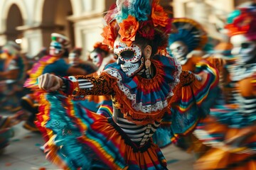 Dynamic shot of dancers in sugar skull makeup performing at a Day of the Dead festival, with a focus on movement and cultural expression