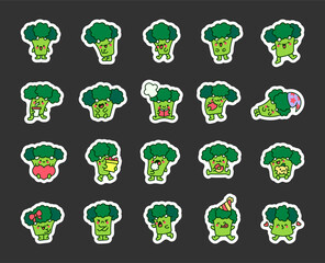 Cute kawaii broccoli character. Sticker Bookmark. Funny cartoon food. Hand drawn style. Vector drawing. Collection of design elements.